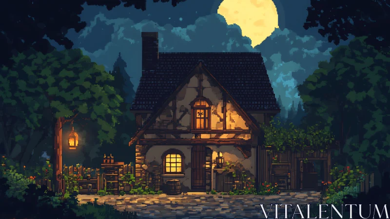 Moonlit pixel cottage with warm lantern-lit stone path.
