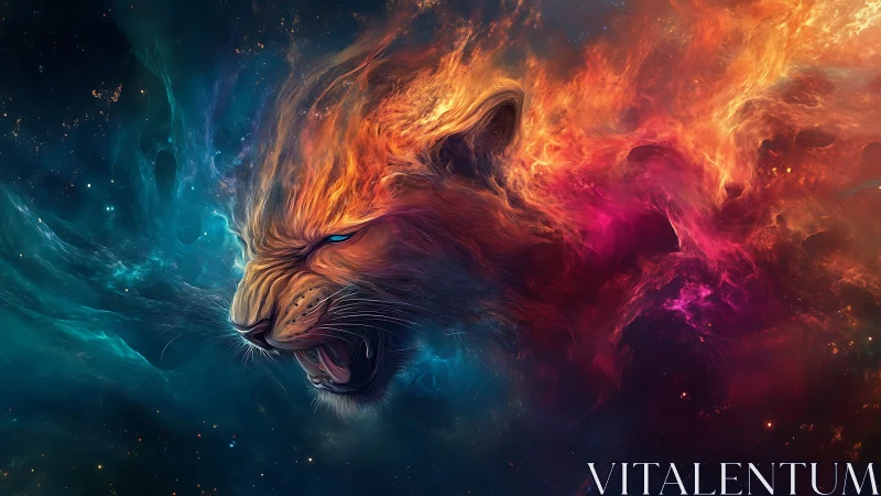 Nebula-formed lion head emerging in multicolored space.