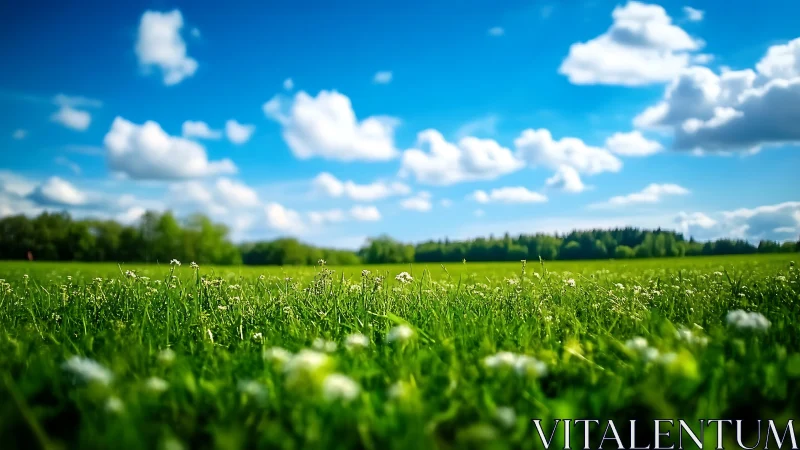 Low-angle depth-of-field study of meadow grasses and cumulus sky.