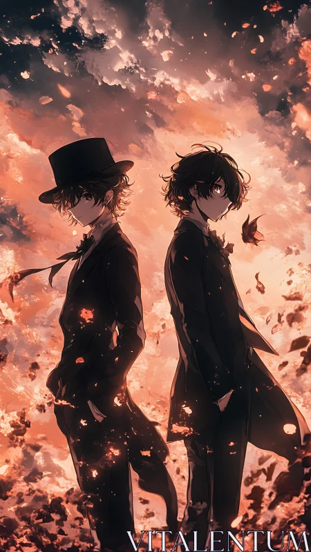 Dual protagonists in formalwear framed by incandescent falling embers