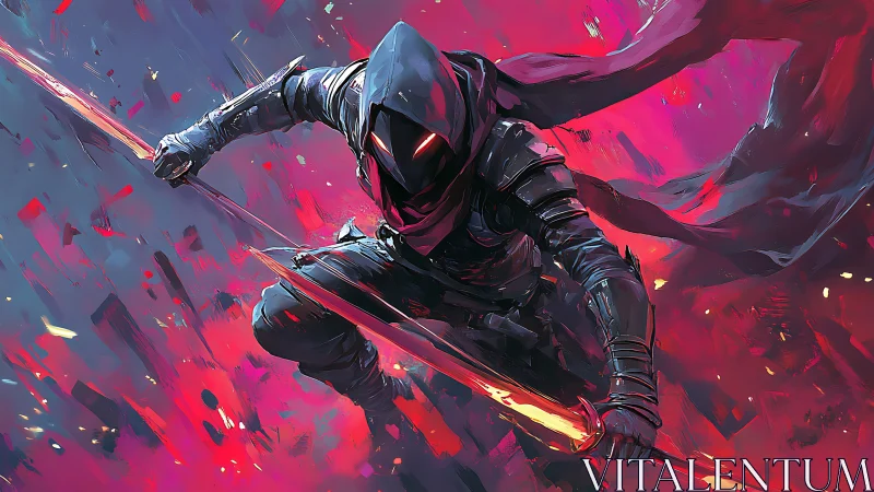 Hooded cyber-assassin lunging with dual plasma blades.