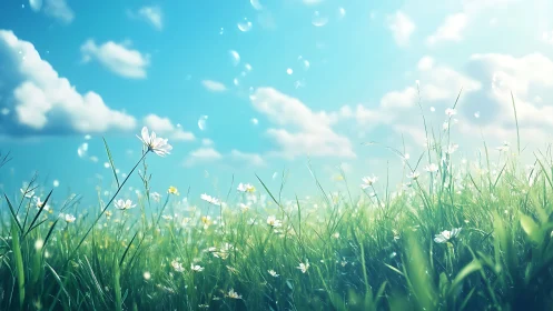 Soft spring meadow glows under a bright, serene sky