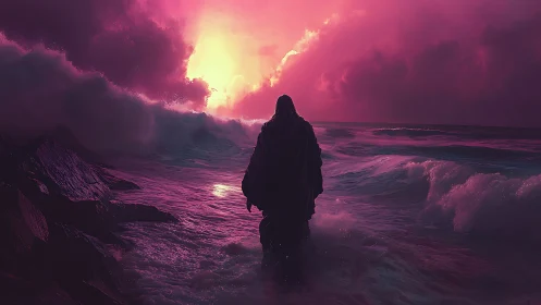 Shrouded wanderer crossing neon surf at apocalyptic dawn.