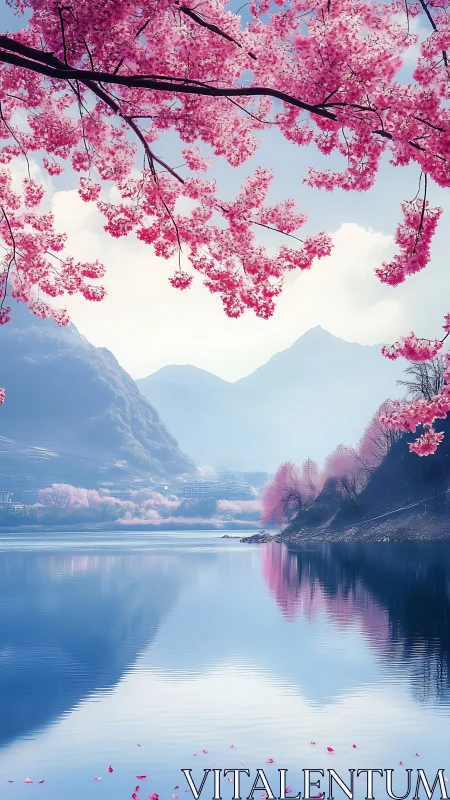 Cherry blossom lake with distant mountains under soft light.