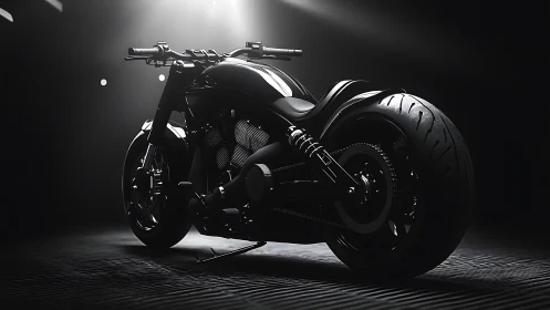 Custom black motorcycle stands under focused studio lighting