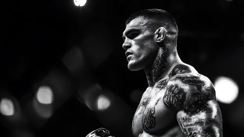 High-contrast ringside portrait of tattooed MMA fighter mid-bout.