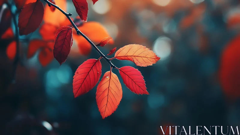 Branch with red leaves against blurred cool-toned background.