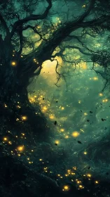 Enchanted forest canopy with bioluminescent golden fireflies.