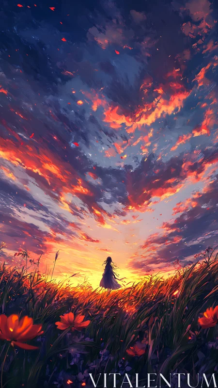 Solitary figure in sunset field under vivid sky.