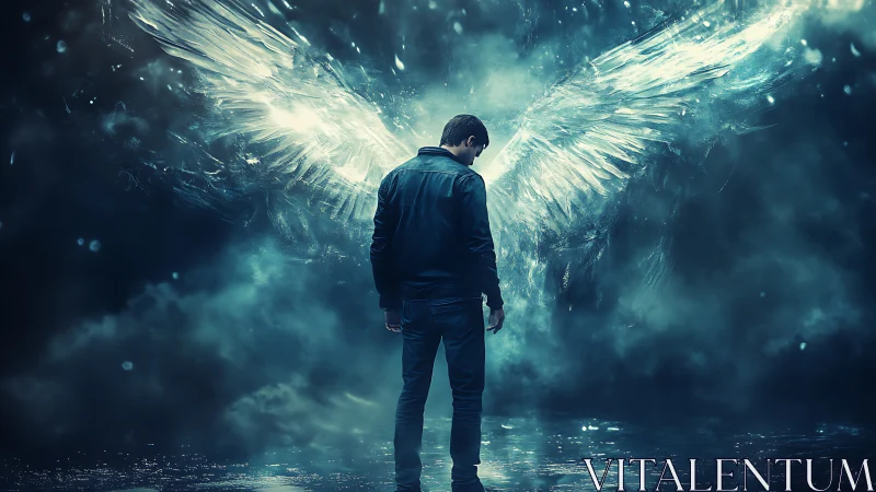 Man stands before glowing digital wings in dark mist