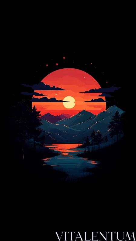 Sunset-lit mountains and river glow beneath a crimson sky.