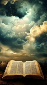 Open antique book anchors vertically framed celestial storm sky