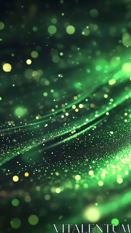 Glowing green light trails shimmer with floating particles.