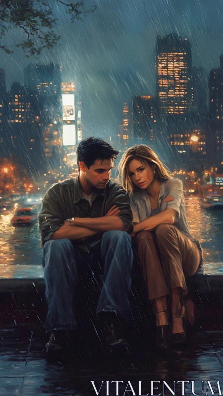 Two people seated in rain against city skyline at night.