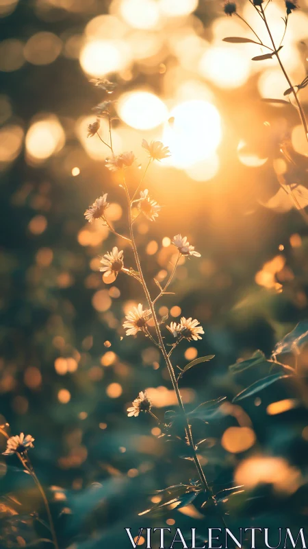 Backlit wildflowers capture golden bokeh in shallow focus
