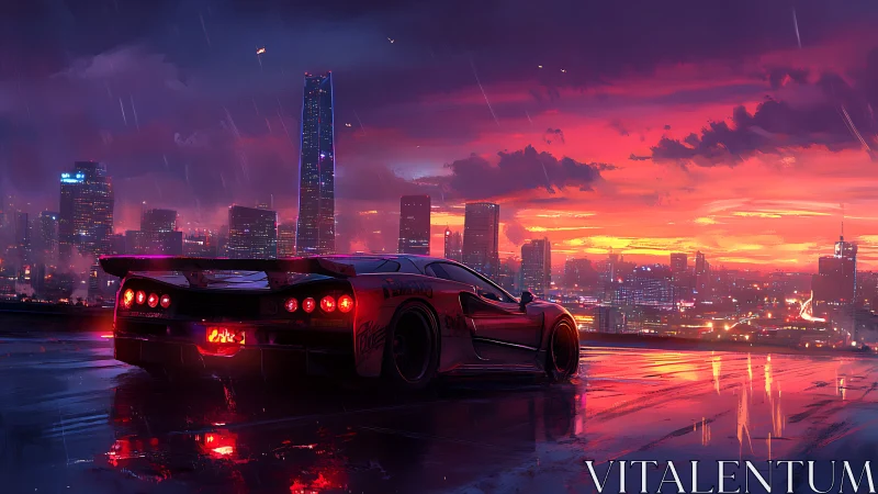 Neon supercar overlooking rain‑soaked cyber skyline at dusk.