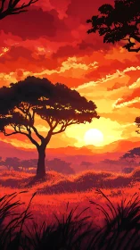 Burning Savannah Sunset Bathing Lone Acacia in Ember Light.