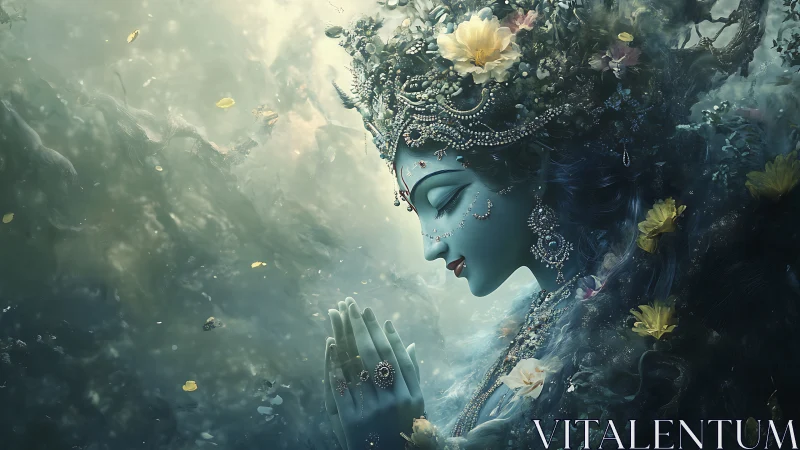 Divine blue goddess prays in a swirling ethereal ocean of light