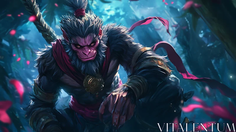 Armored simian warrior crouches in glowing jungle clearing