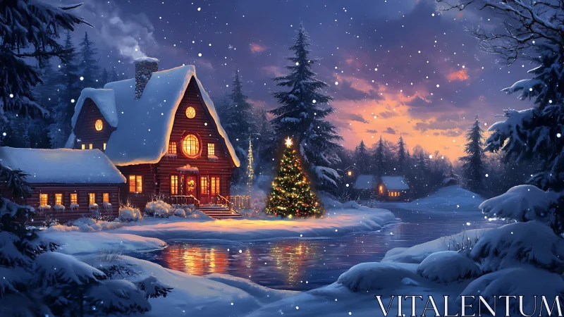 Snow-lit log cabin and Christmas tree by reflective frozen river.