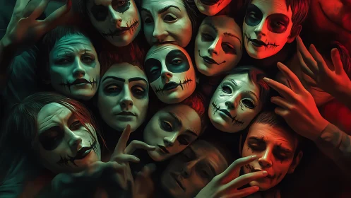 Clustered painted faces merge under eerie red and green light.