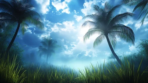 Palm trees in dense grassland under bright clouded sky.
