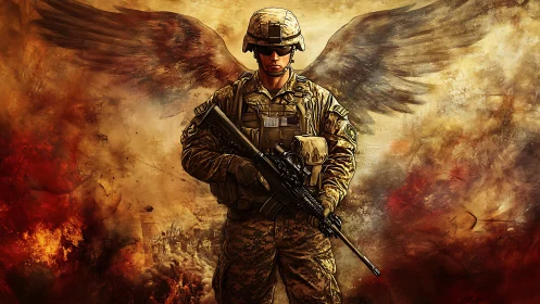 Winged soldier stands steady in a storm of fire and clouds