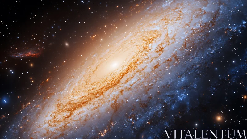 Inclined spiral galaxy core and outer disk with dense star field