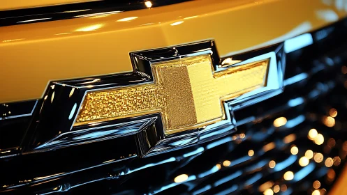 Golden bowtie emblem gleams on sleek black auto grille.