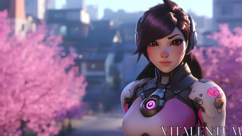 Female sci fi character in armor before pink trees.