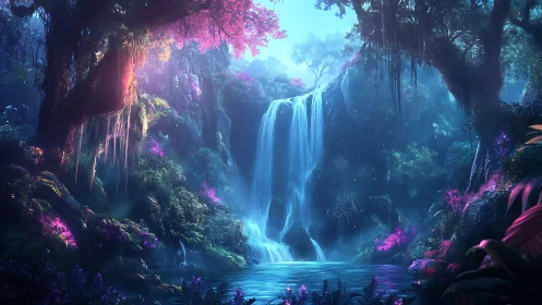Digital painting of enchanted bioluminescent waterfall grove.