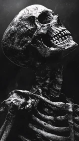 Weathered human skeleton rendered in stark monochrome.