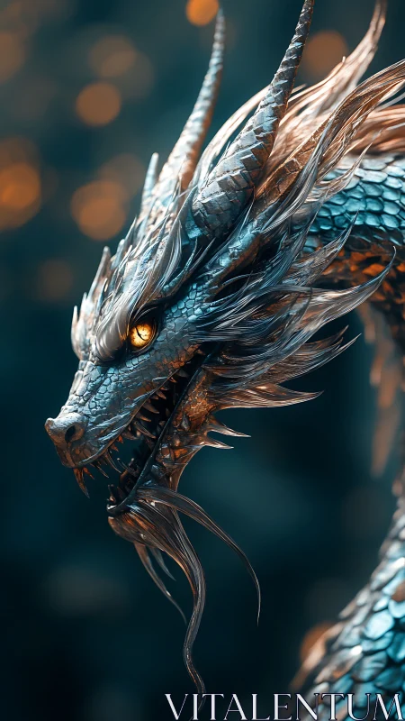 3D metallic dragon profile with cinematic bokeh lighting design.