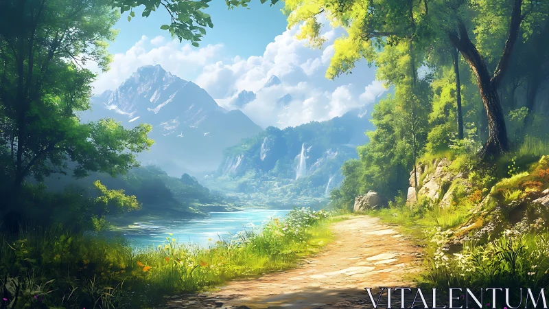 Forest path runs beside lake toward distant mountain range