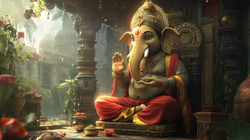 Golden Ganesha idol in sunlit temple courtyard, hyperreal render