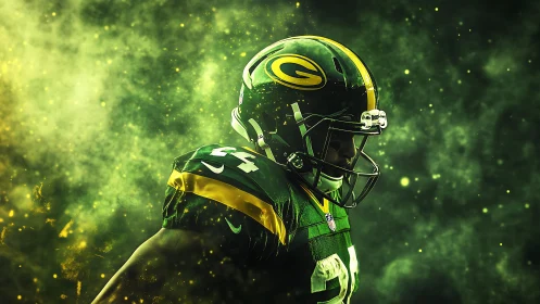 Side profile of football player in green uniform amid haze.