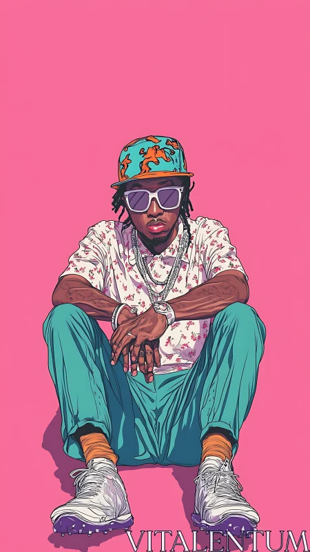 Stylish seated man in colorful streetwear on pink backdrop.