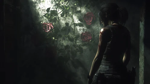 Shadowed survivor pausing by rose-covered concrete wall.