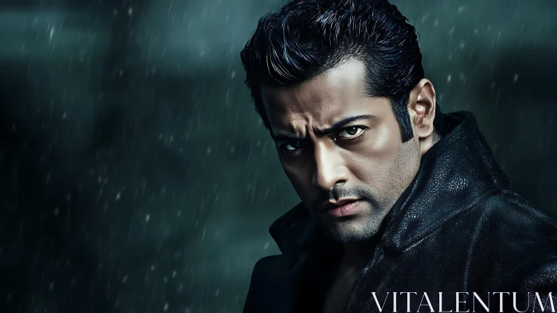 Intense man in black coat stares through rainy night