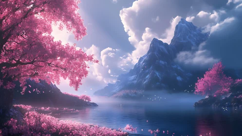 Pink blossom lake reflects misty snow mountains at sunrise