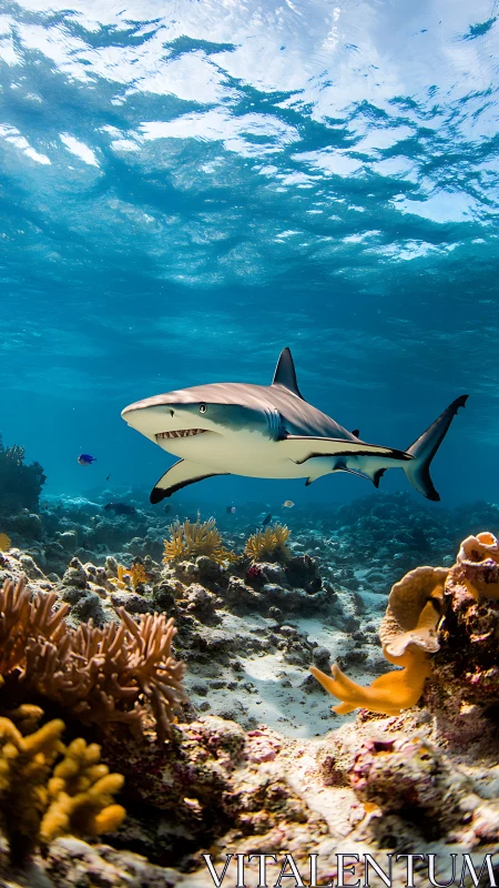 Confident reef shark cruising a coral boulevard of color.