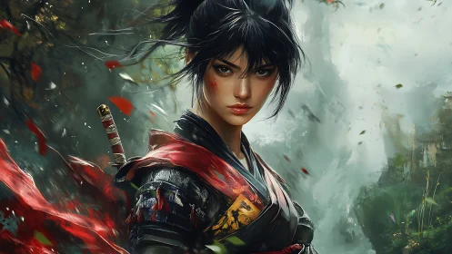 Samurai heroine stands in dynamic mist-lit battlefield portrait