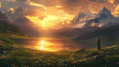 Sunlit mountain lake with lone cloaked figure at dusk.