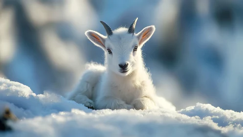 Young white goat rests calmly on bright winter snow