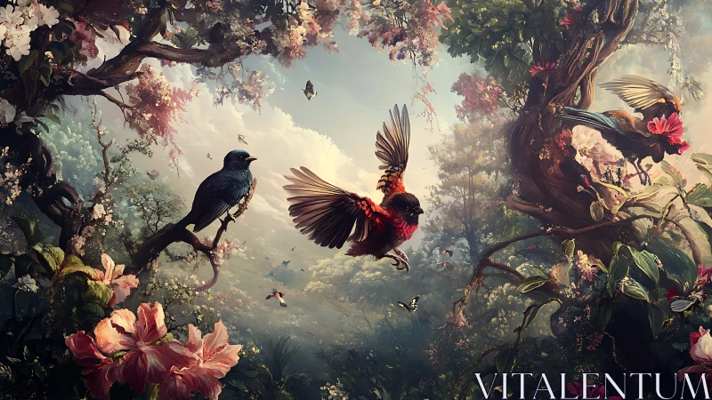 Ornate songbirds interact in a densely rendered floral forest canopy