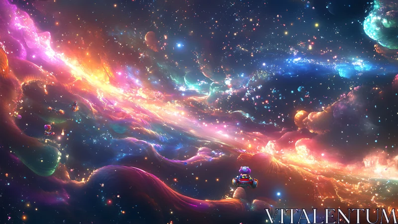 Digital space scene shows nebulae and small astronaut figures