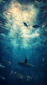 Solitary fisherman drifts above deep ocean teeming with fish