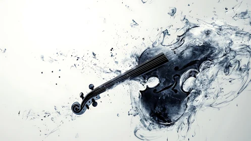 Violin form emerges within abstract monochrome liquid motion