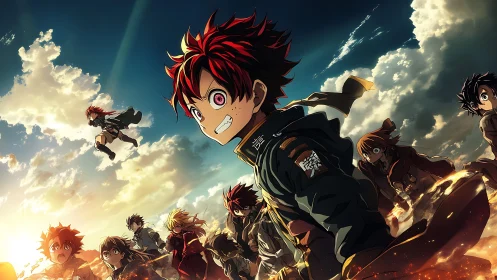 Skybound anime heroes charge through a burning horizon storm.