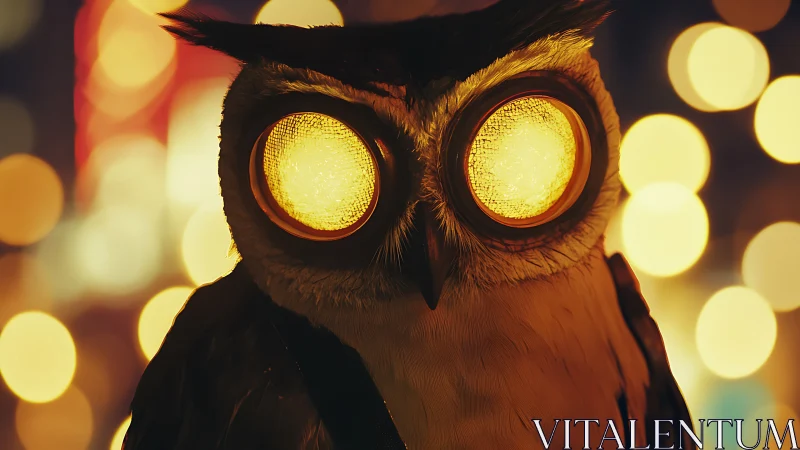 Neon-eyed night owl patrols a glowing cyberpunk skyline.